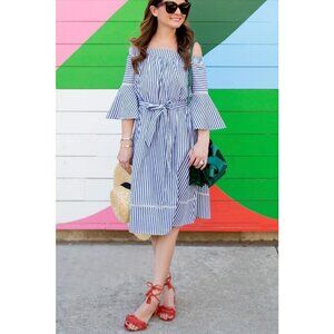 Donna Morgan NWT blue striped off shoulder dress 6